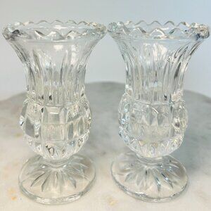 Set Of 2 Vtg Clear Crystal Bud Vases Candle Holders Pattern Tealight Votive Gift